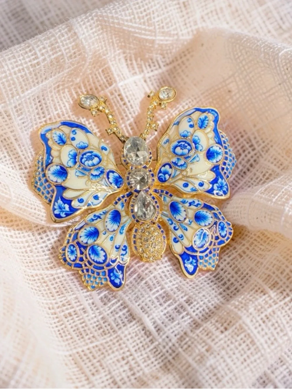 Large Blue and White Enamel Butterfly Brooch - Elegant Women's Jewelry #836